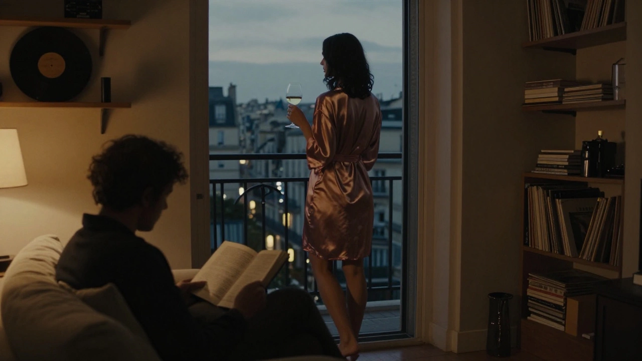 A woman stands by a window in a Paris apartment at twilight, gazing at the city lights with calm serenity.