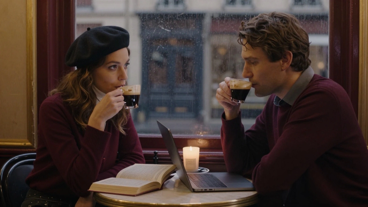 Two people sit across from each other in a cozy Parisian café, sipping espresso in quiet companionship.